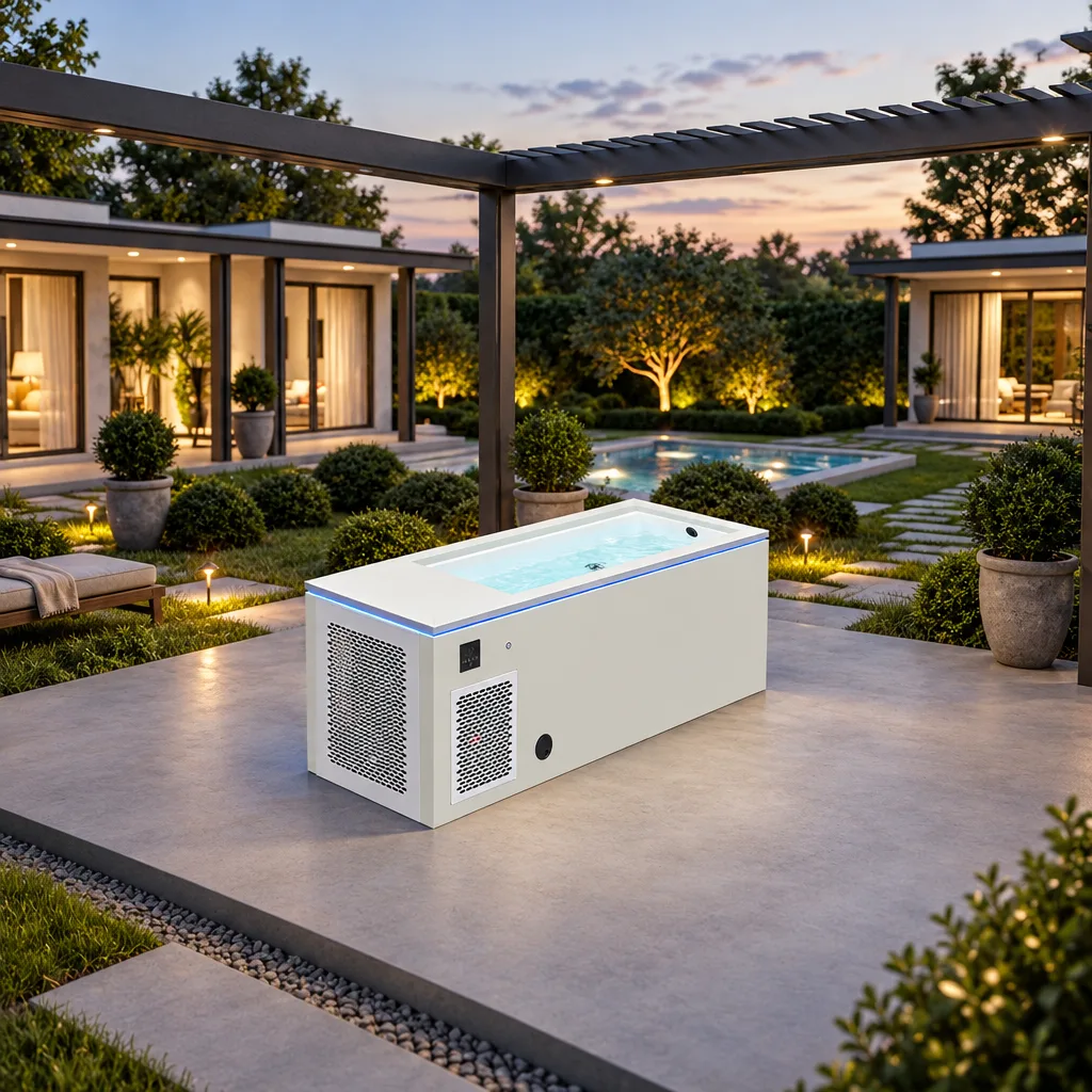 OF-CP01 Outdoor Patio Cold Plunge Tub Outdoor residential patio featuring the OF-CP01 cold plunge tub integrated into modern backyard landscaping