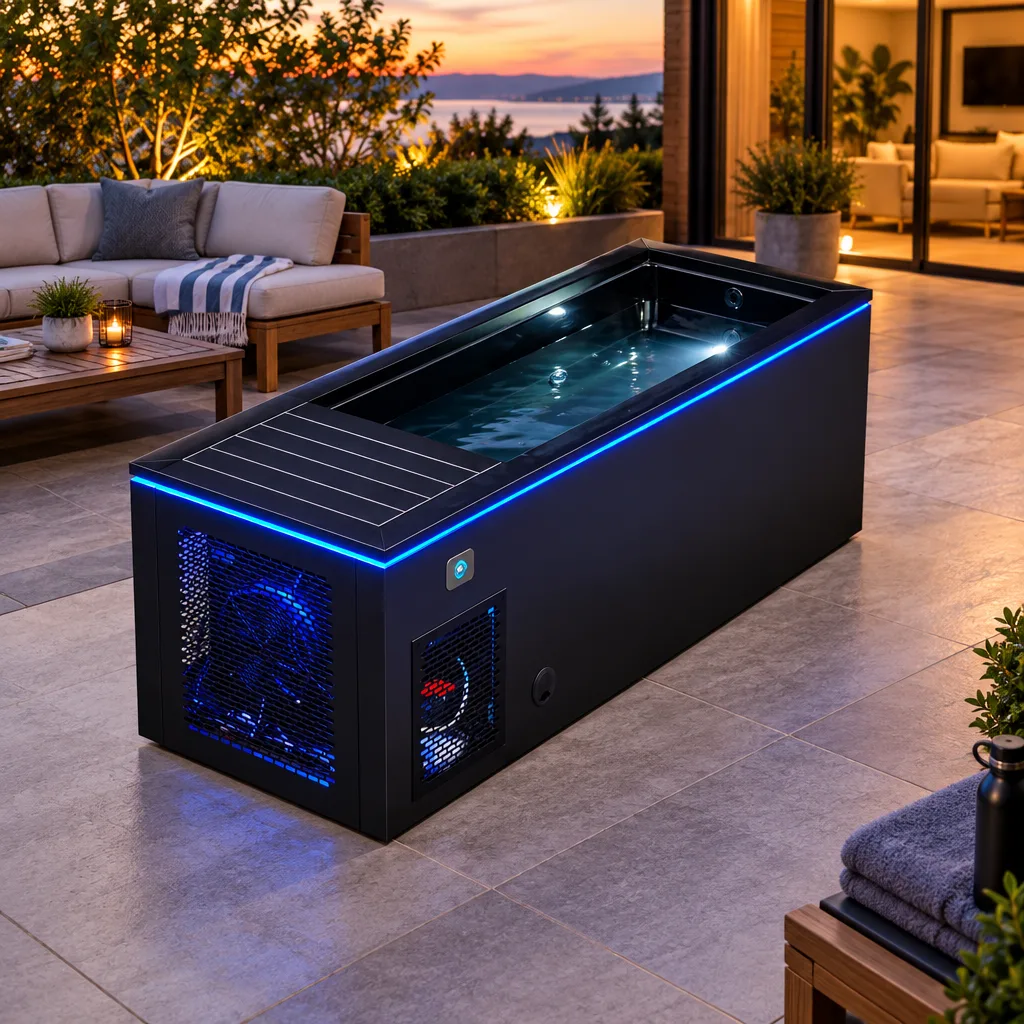 OF-CP01 Side Profile and Chiller Grille High-angle side view of the black OF-CP01 cold plunge tub with illuminated interior basin and end chiller grille