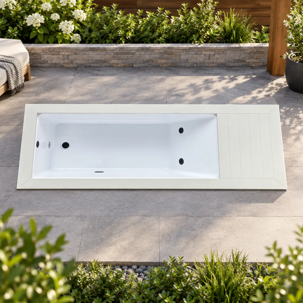 OF-CP01 White Finish Overhead Basin View Overhead plan view of the white OF-CP01 cold plunge tub showing the Chinese white acrylic basin, dual jets, and equipment deck