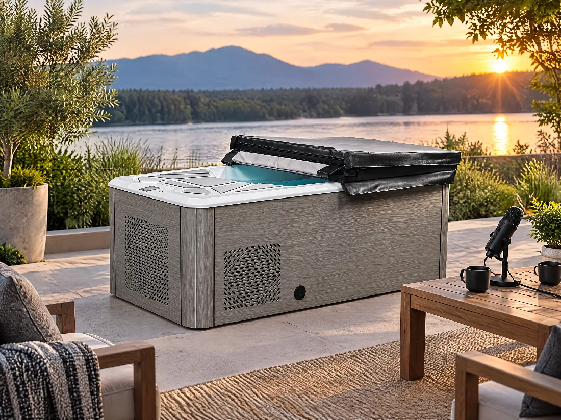 Foldable Insulated Thermal Cover on OF-CP02 Three-quarter view of the OF-CP02 cold plunge tub with its black bi-fold insulated thermal cover partially opened