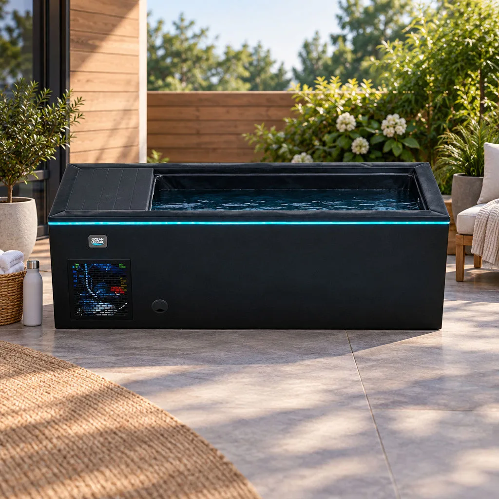 Black OF-CP01 Cold Plunge Tub with Perimeter LED Lighting Front studio view of the black OF-CP01 cold plunge tub with cyan-blue perimeter LED lighting and side ventilation grille