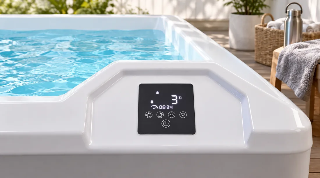 Digital Touchscreen Control Panel on OF-CP01 Close-up view of the digital touchscreen control panel on the white acrylic ledge of the OF-CP01 cold plunge tub