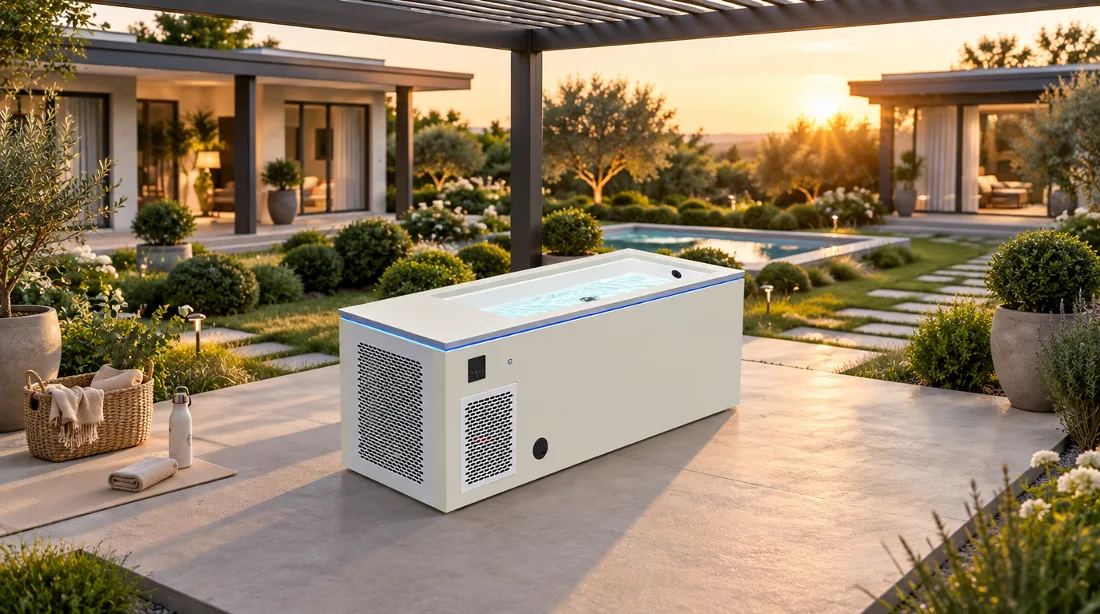 OF-CP01 Cold Plunge Tub on Backyard Patio Outdoor lifestyle view of the OF-CP01 cold plunge tub installed on a residential backyard patio