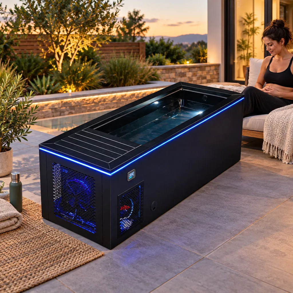 OF-CP01 Cold Plunge Tub Side Profile and Illuminated Basin High-angle side profile view of the black OF-CP01 cold plunge tub showing illuminated water reflections and chiller grille