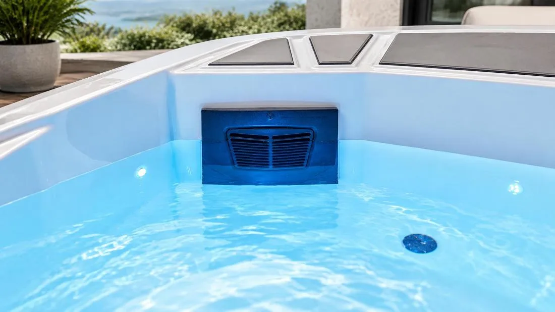 Interior acrylic basin with ozone and jet fittings Close-up interior view of Chinese white acrylic basin featuring hydrotherapy circulation jets and ozone output fittings
