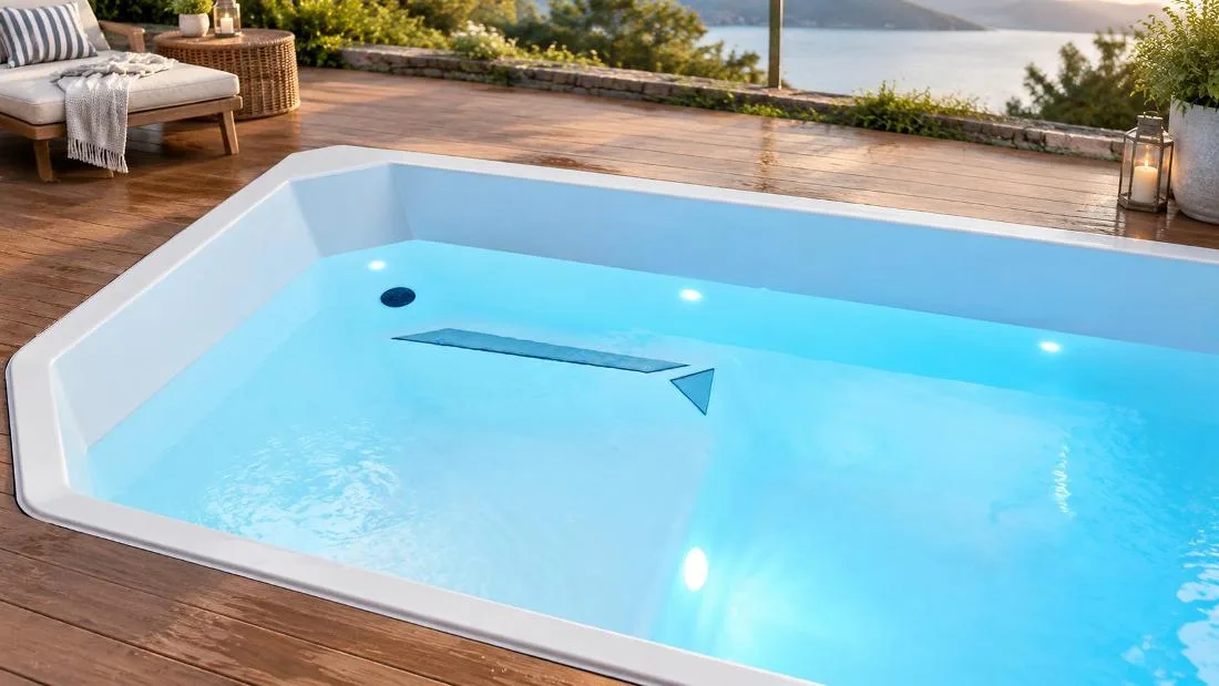 Molded interior step seat with non-slip textured pads High-angle top-down shot looking into the illuminated interior of the cold plunge tub showing molded step seat with textured pads