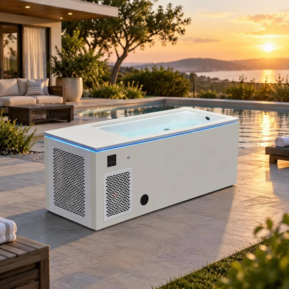 OF-CP01 Installed on Residential Backyard Patio Outdoor lifestyle view of the OF-CP01 cold plunge tub installed on a modern residential backyard patio