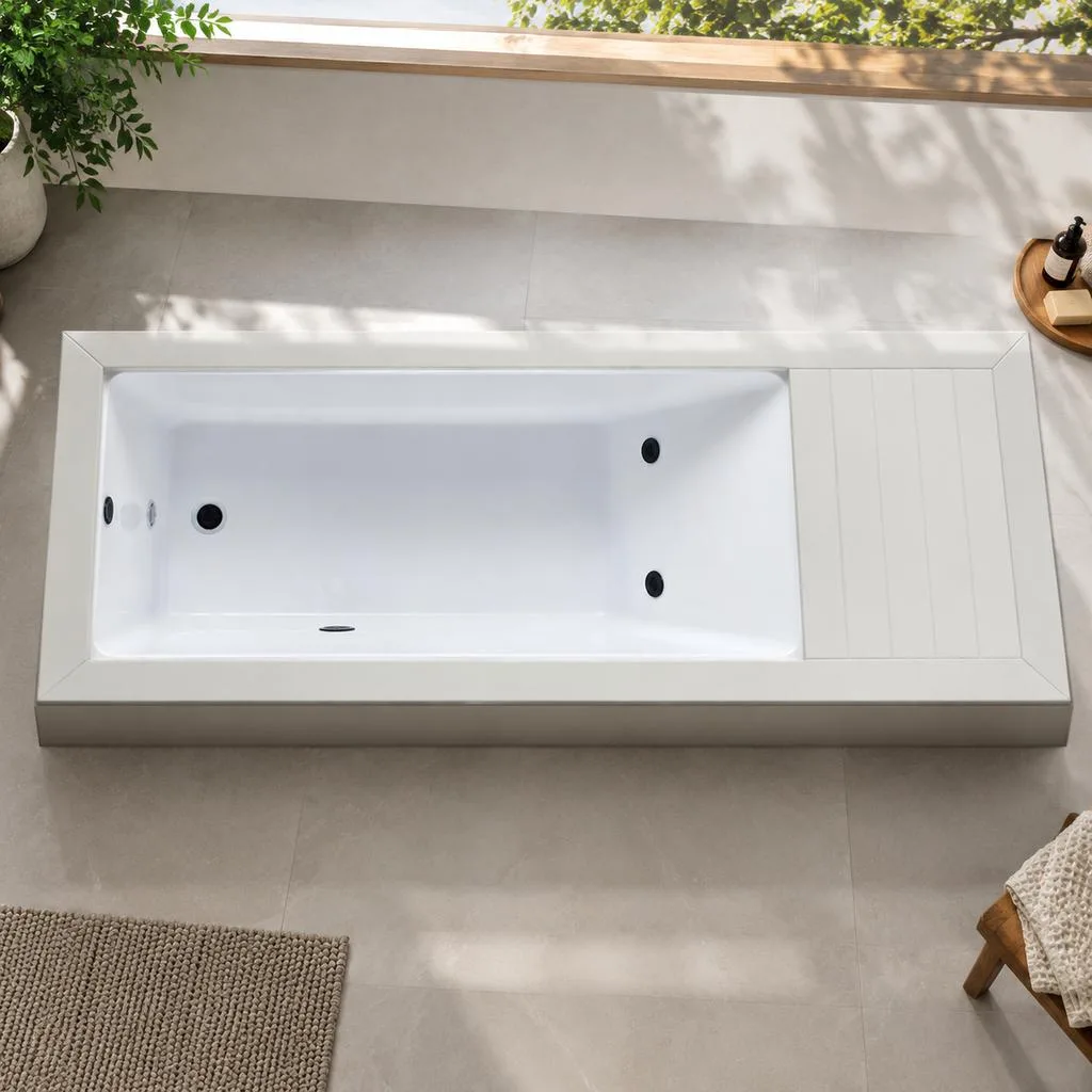 White OF-CP01 Acrylic Basin and Deck Overhead plan view of the white OF-CP01 cold plunge tub showing the Chinese white acrylic basin, dual hydrotherapy jets, and equipment deck