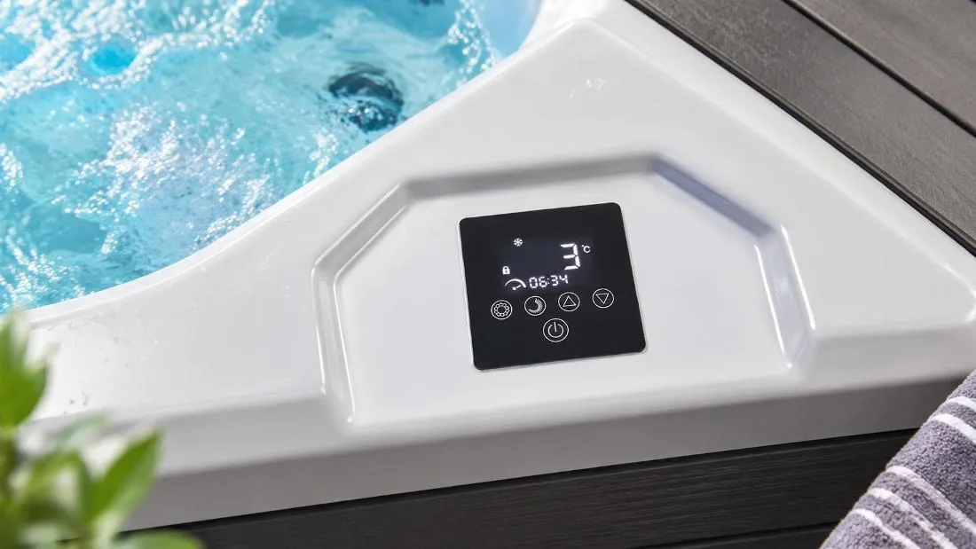 Digital touchscreen control interface Flush-mounted digital touchscreen showing precise temperature and session timer