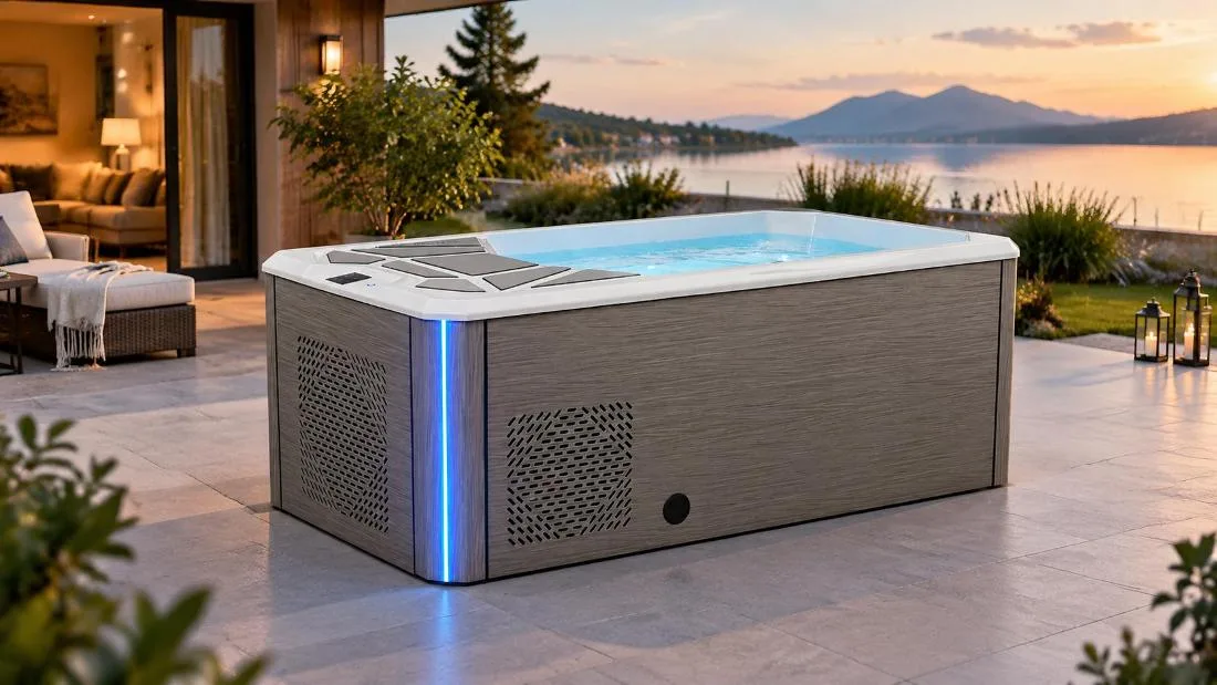 Freestanding cold plunge tub with exterior cabinetry Exterior three-quarter view of the freestanding cold plunge tub