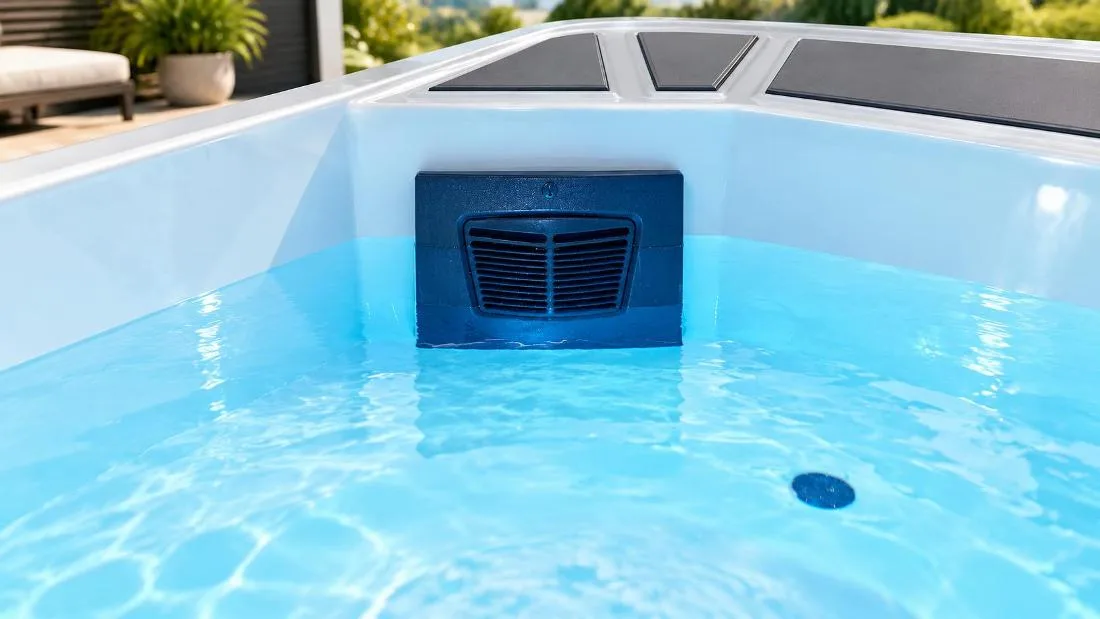 Hydrotherapy circulation jets and suction grilles Interior basin view showing circulation jets and smooth white acrylic contours