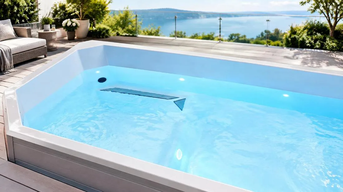 Illuminated cold plunge tub interior Top-down view of illuminated water and ergonomic interior step seat