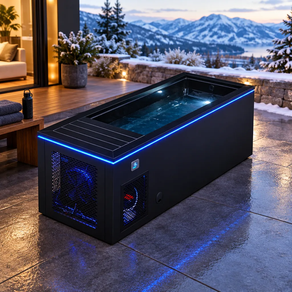Black OF-CP01 Cold Plunge with Perimeter LED Lighting High-angle side profile view of the black OF-CP01 cold plunge tub with illuminated interior water reflections and blue perimeter LED lighting