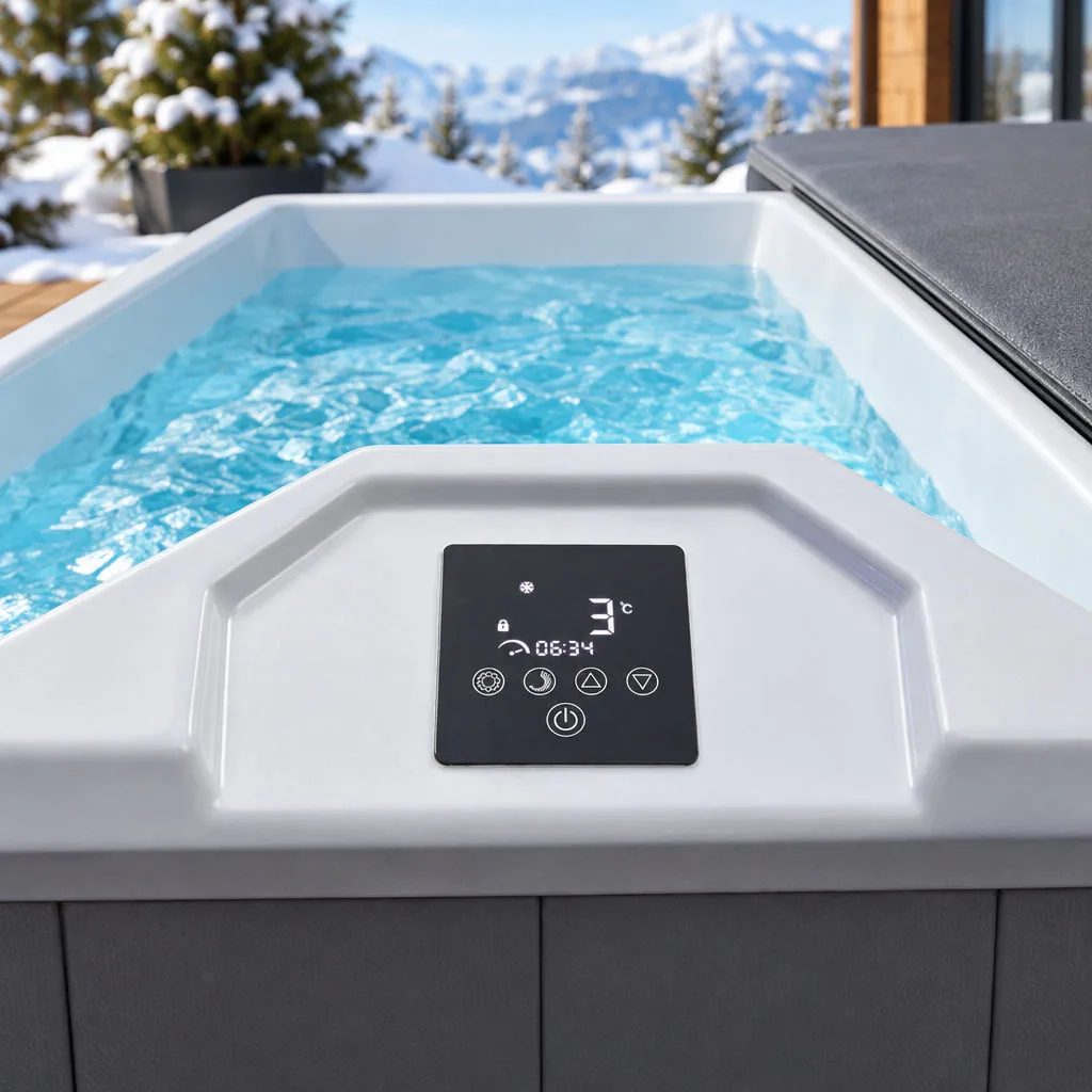 OF-CP01 Digital Touchscreen Control Panel Close-up top-down view of the built-in digital touch control panel on the smooth white acrylic tub ledge