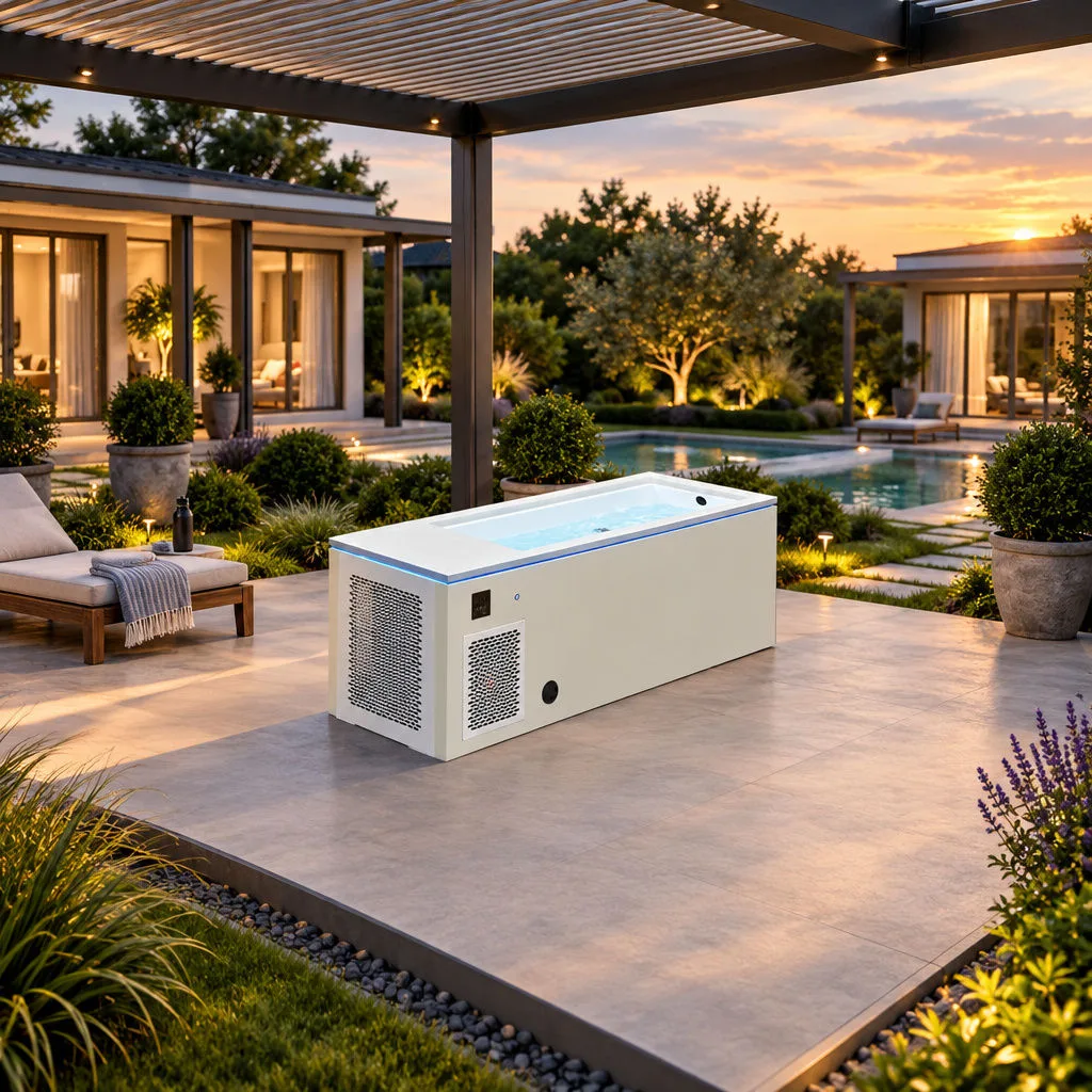 OF-CP01 Outdoor Patio Installation Outdoor lifestyle scene showing the OF-CP01 cold plunge tub installed on a modern residential backyard patio