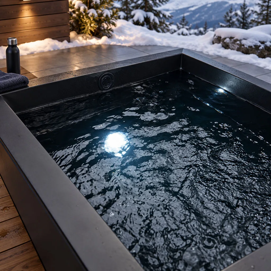 OF-CP01 Single-Person Cold Plunge Tub Three-quarter studio view of the single-person OF-CP01 cold plunge tub displaying the sleek cabinet skirt and ergonomic tub opening