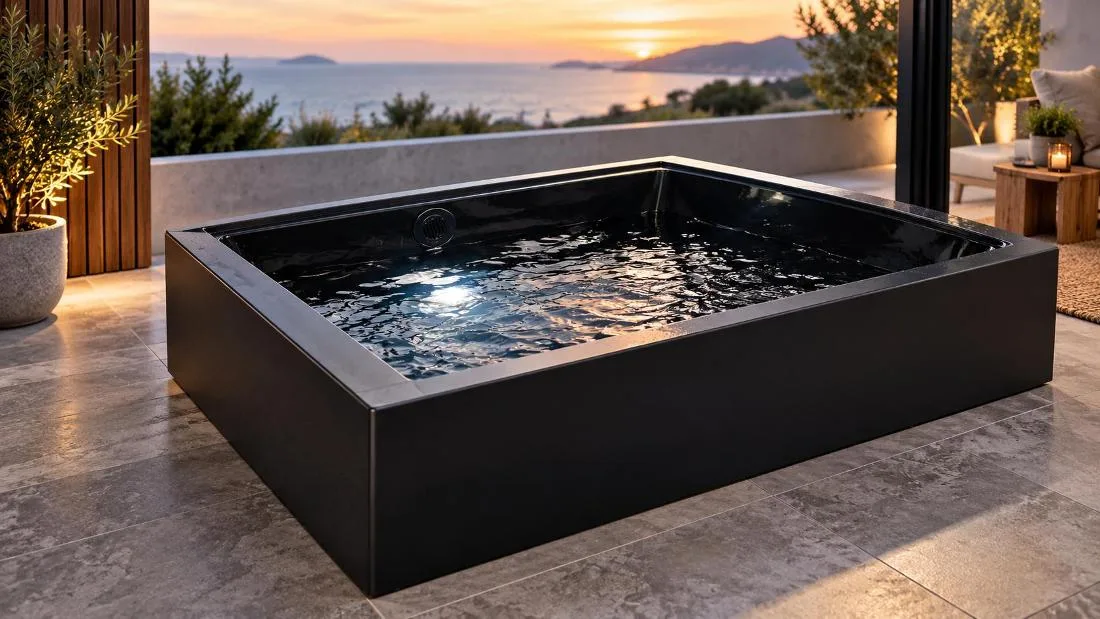 Durable Exterior Cabinetry and Louvers Exterior profile of the cold plunge tub