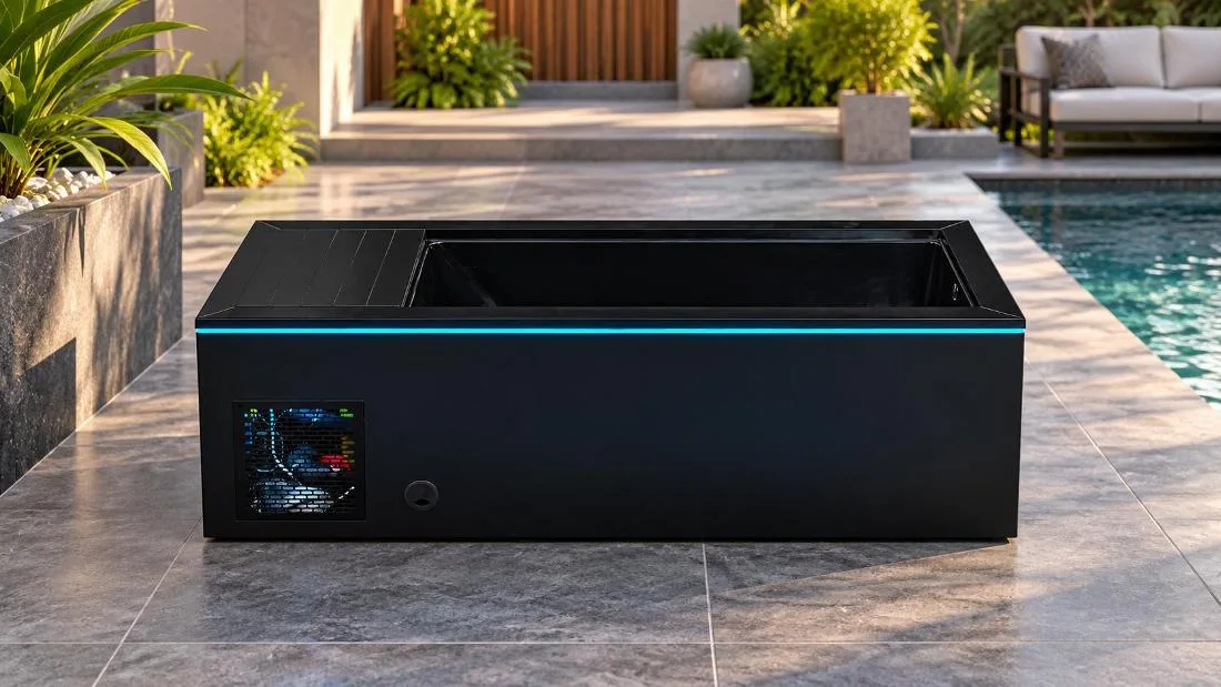 Engineered Cold Plunge Cabinet Architecture Studio view of the black cold plunge cabinet featuring horizontal perimeter LED illumination and chiller ventilation