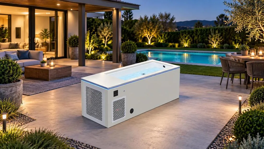 Residential Cold Plunge Installation Outdoor lifestyle scene of the OF-CP01 cold plunge tub installed on a residential backyard patio deck
