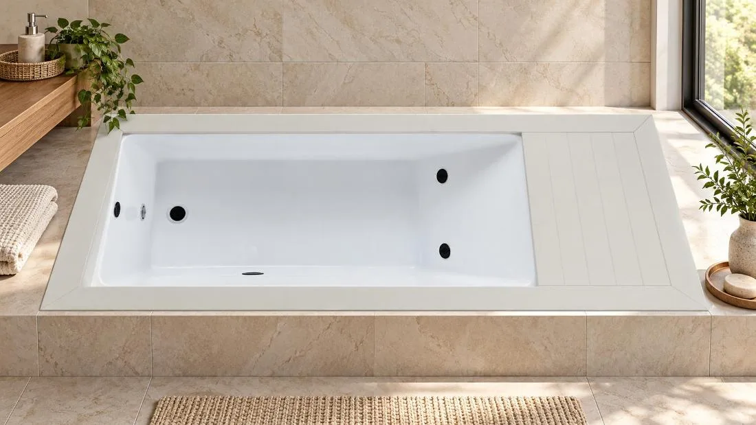 Basin Interior and Jet Layout Overhead plan view of the white acrylic basin showing hydrotherapy jets and drainage
