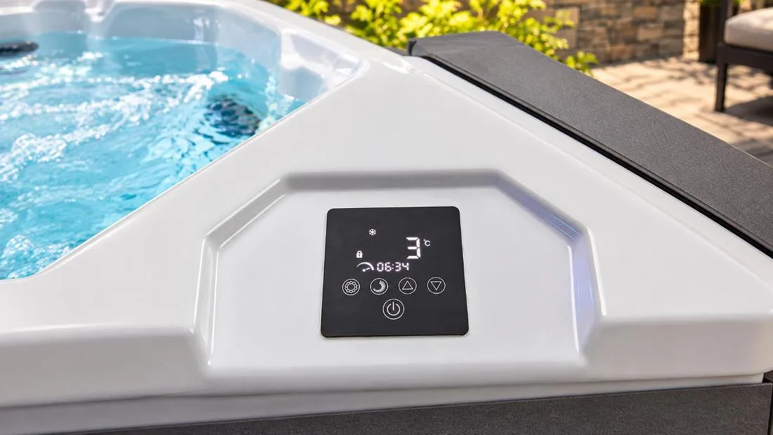 Digital Touchscreen Control Panel Top-down view of the digital touch control panel on the acrylic ledge