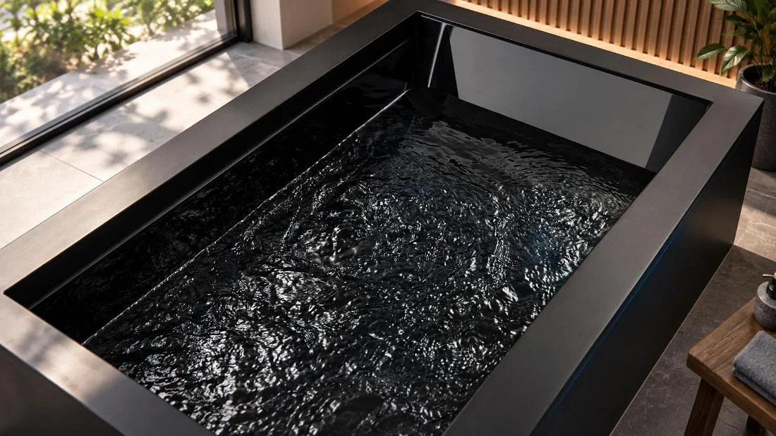 OF-CP01 Cold Plunge Tub Studio perspective shot of the OF-CP01 cold plunge tub showcasing the full rectangular profile and clean basin