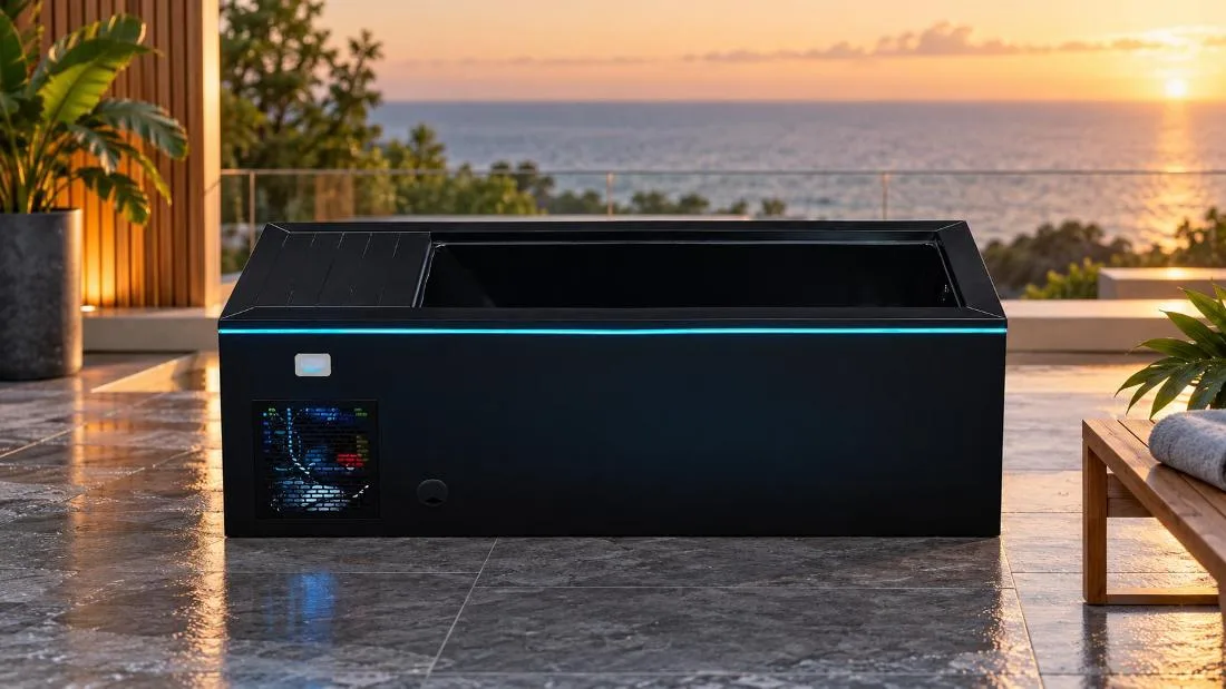 OF-CP01 Exterior Profile Front horizontal view of the black cold plunge tub with cyan LED lighting