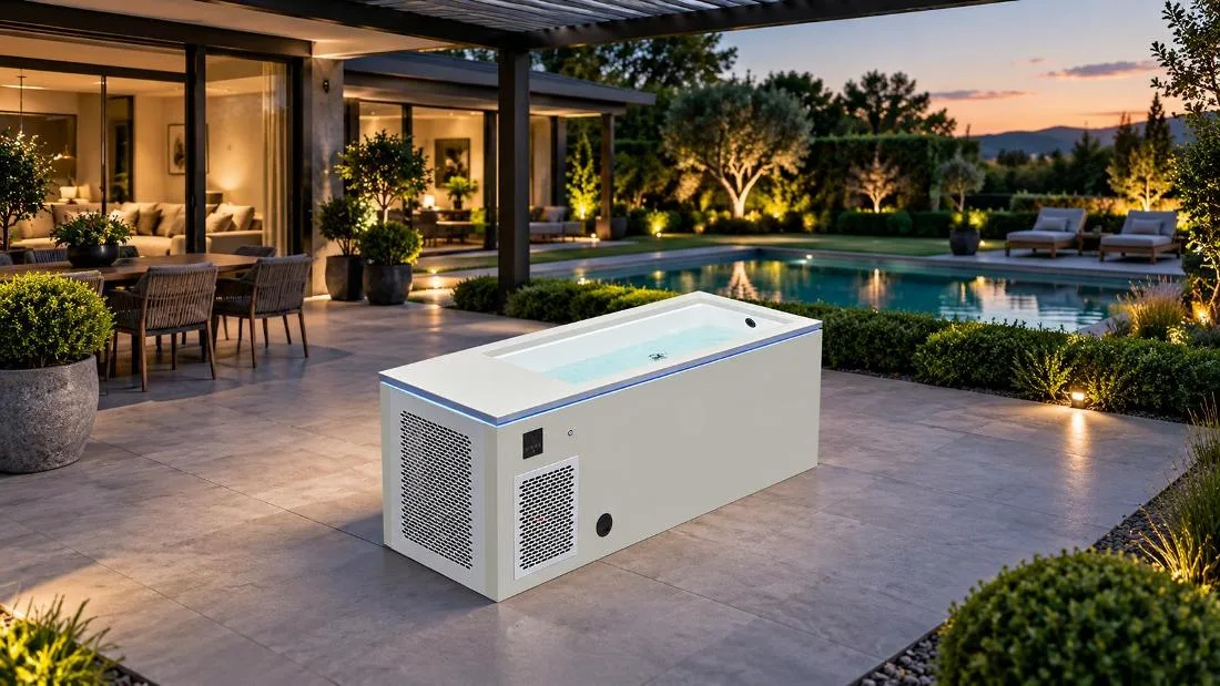 Outdoor Cold Plunge Installation Modern backyard patio installation of the OF-CP01 cold plunge tub