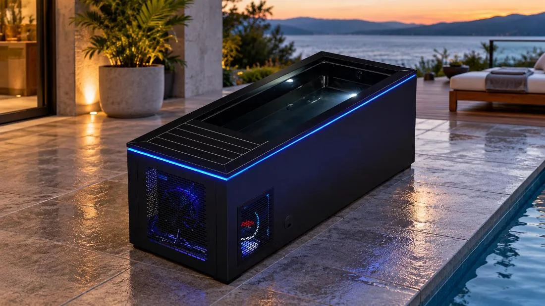Interior Basin and Chiller Ventilation High-angle perspective view highlighting the side profile and interior basin of the black cold plunge tub, showing illuminated water reflections and side ventilation grille.