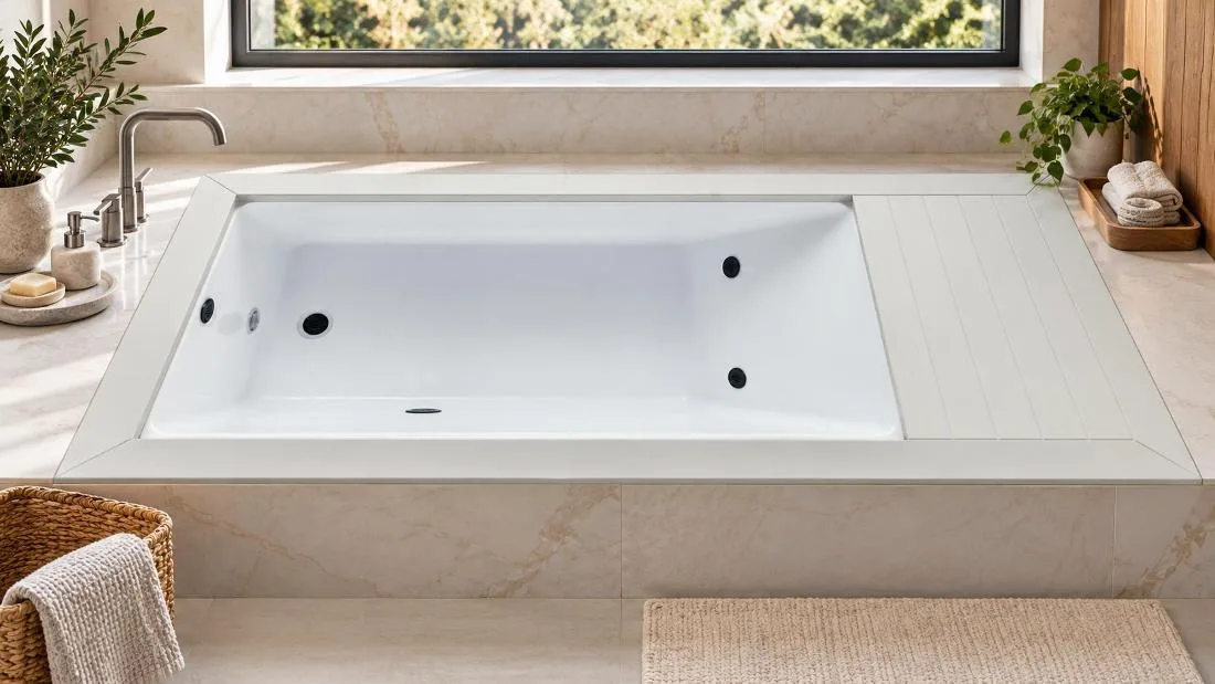 Overhead Plan View of Cold Plunge Basin Direct overhead plan view of the white finish cold plunge tub, showing the Chinese white acrylic basin, dual jet nozzles, overflow drain, and equipment deck.