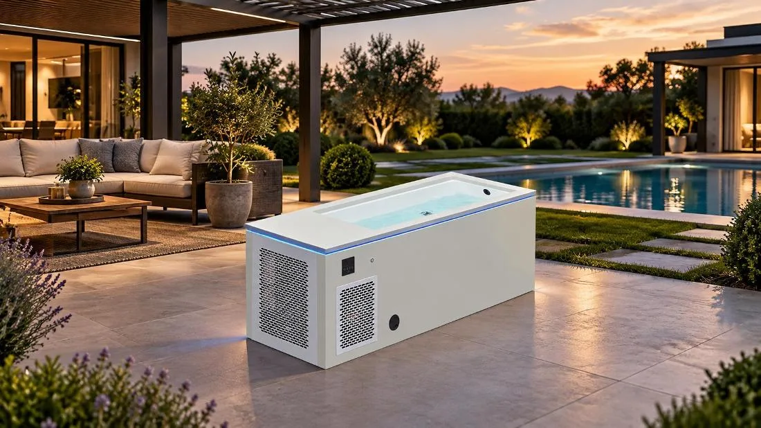 Residential Outdoor Cold Plunge Installation Outdoor lifestyle application scene showing the OF-CP01 cold plunge tub installed on a modern residential backyard patio integrated into home landscaping.