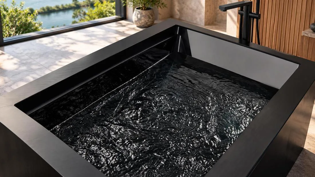 Single-Person Cold Plunge Tub Studio perspective shot of the OF-CP01 cold plunge tub, showcasing the full rectangular profile, high-finish exterior cabinet paneling, and interior basin cavity against a clean white background.