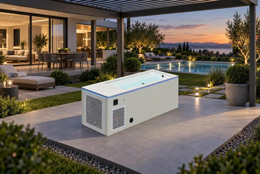 OF-CP01 cold plunge tub on residential patio Outdoor lifestyle application scene showing the OF-CP01 cold plunge tub installed on a modern residential backyard patio