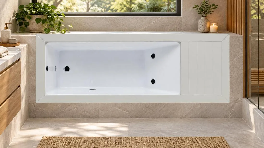 Cold plunge tub interior basin and jets Overhead view of the white acrylic basin showing dual jets and equipment deck