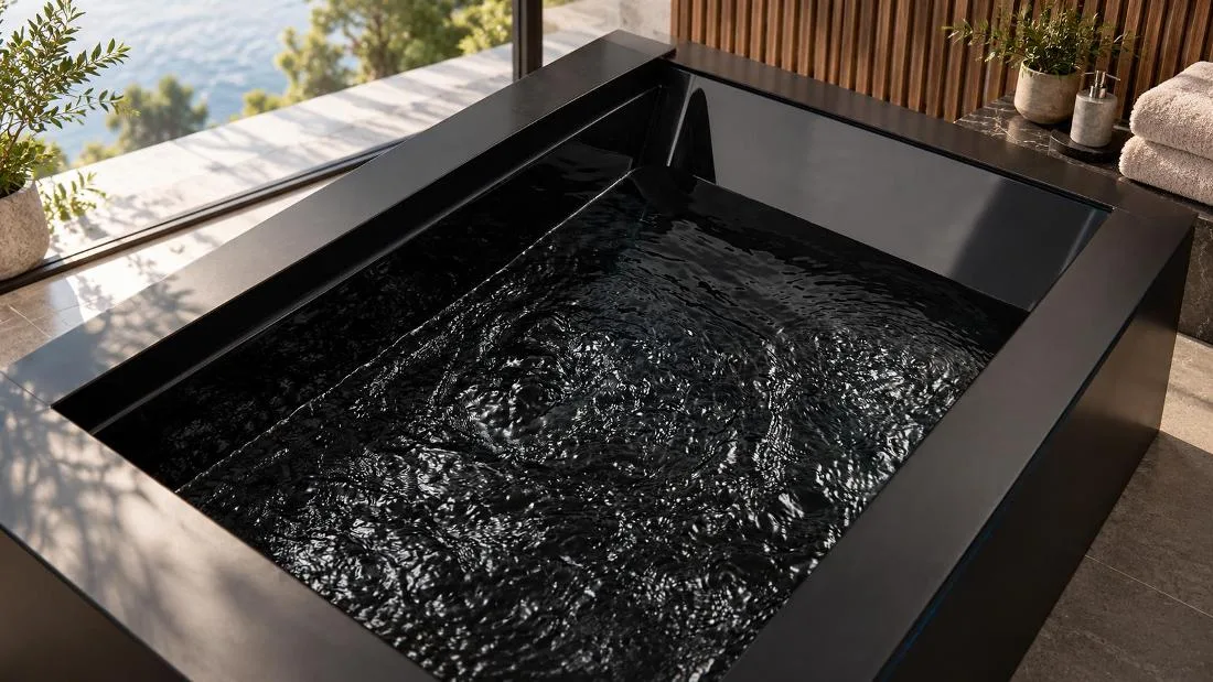 Integrated cold plunge tank profile High-finish exterior cabinet paneling and interior basin cavity of the single-person cold plunge tub