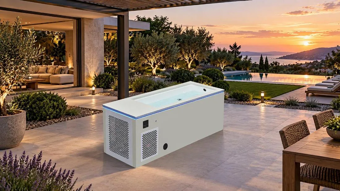 Residential outdoor cold plunge setup Modern residential backyard patio installation of the architectural cold plunge tub