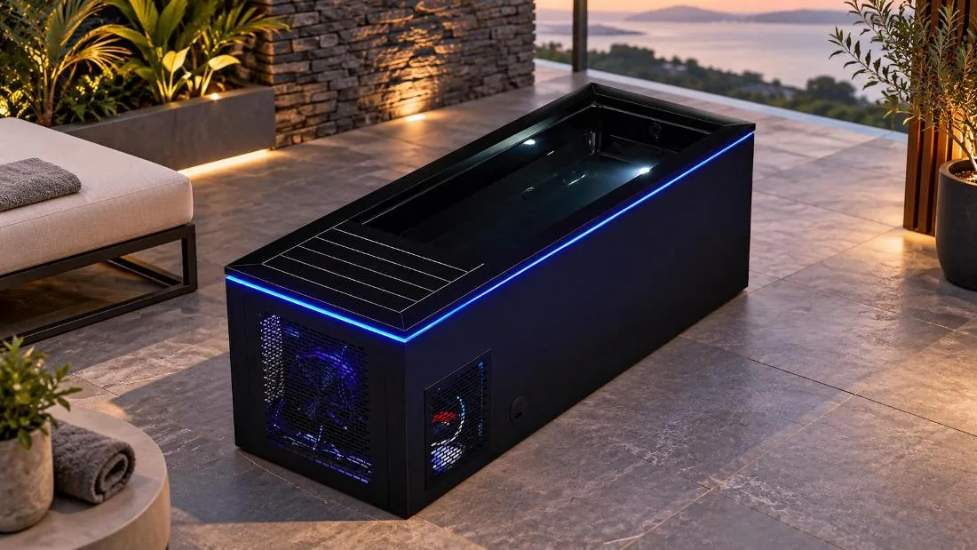Cold plunge tub basin with water reflections and blue interior LED accents High-angle perspective view of black cold plunge tub showing interior water basin and blue LED lighting