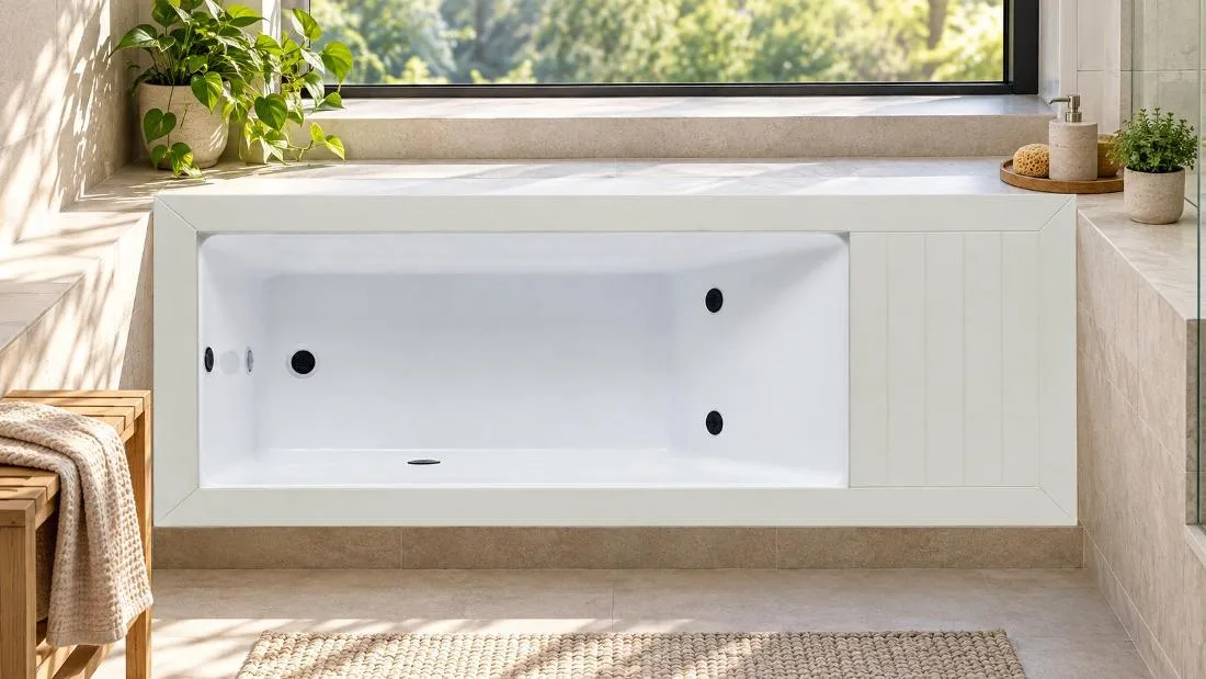 Overhead view of cold plunge tub basin showing hydrotherapy jets and drainer Overhead plan view of white cold plunge tub interior showing jets and drainage