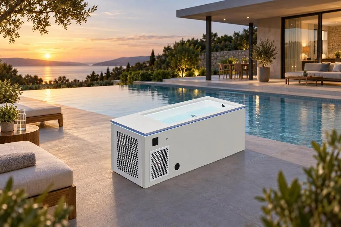 Residential cold plunge tub setup on backyard patio Outdoor lifestyle view of a modern cold plunge installation