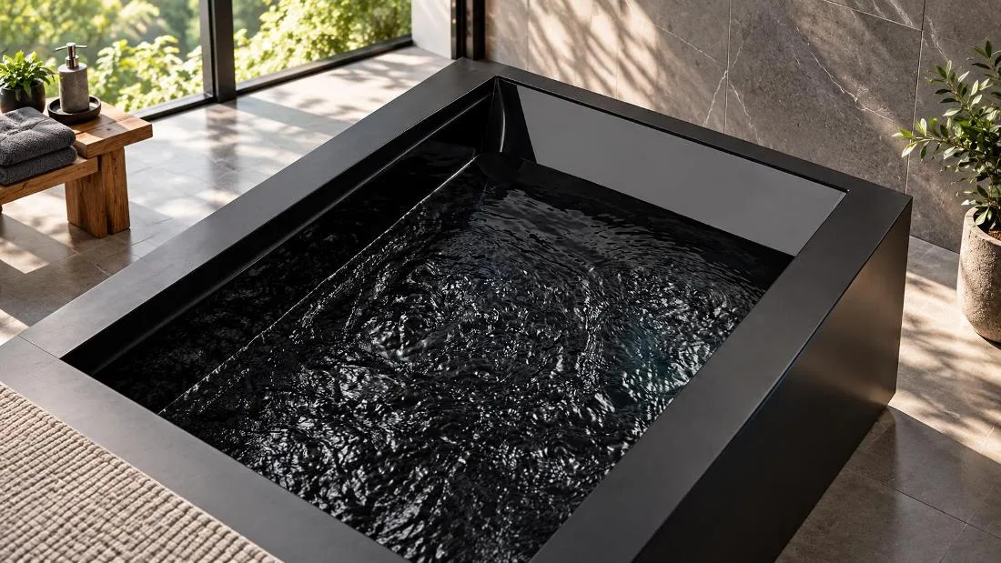 Single-person cold plunge tub with exterior skirt Studio perspective view of single-person cold plunge tub