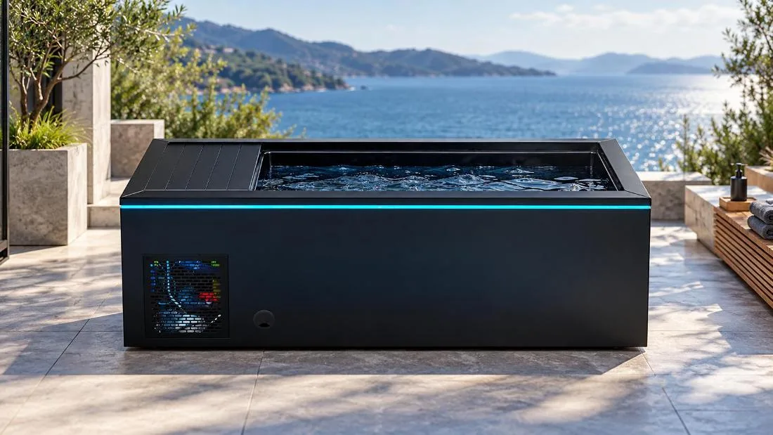 Black Cold Plunge Tub with Perimeter LED Lighting High-angle perspective view highlighting the side profile and interior basin of the black cold plunge tub