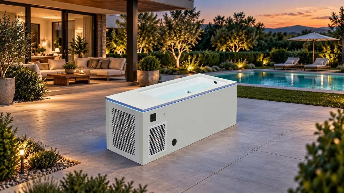 Outdoor Patio Cold Plunge Tub Installation Outdoor lifestyle application scene of the OF-CP01 cold plunge tub installed on a modern residential backyard patio