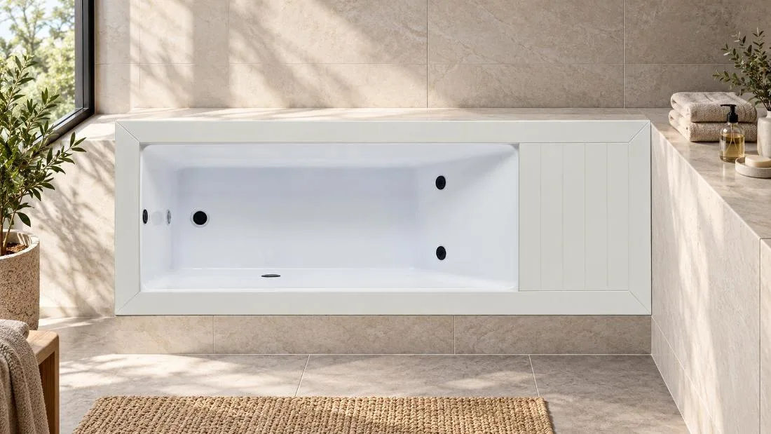 White Acrylic Cold Plunge Tub Interior Basin Direct overhead plan view of the white finish cold plunge tub showing interior basin, dual jet nozzles, and drainer