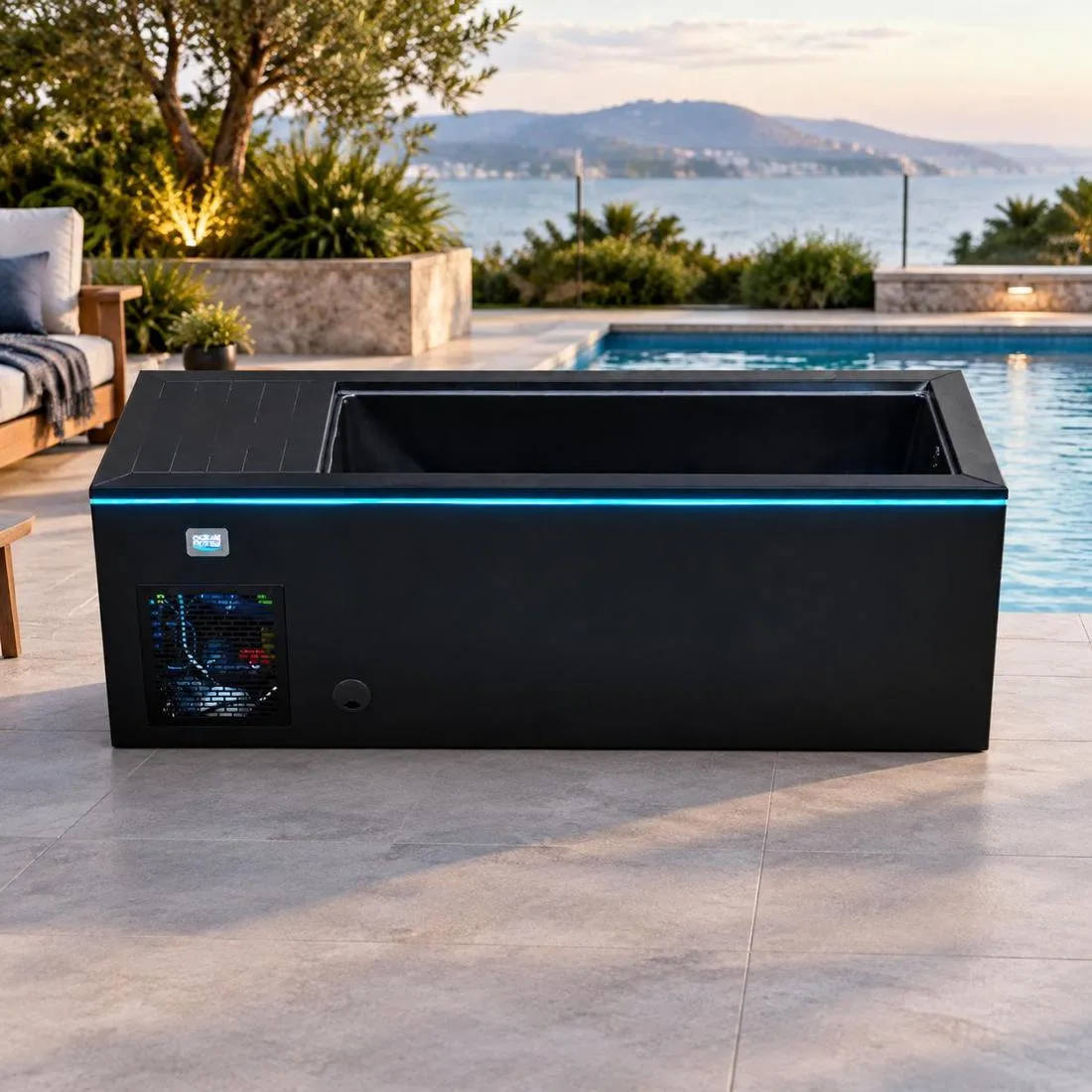 Black OF-CP01 Cold Plunge with Perimeter LED Lighting Front eye-level view of the black OF-CP01 cold plunge tub featuring a cyan-blue perimeter LED light strip and chiller ventilation grille
