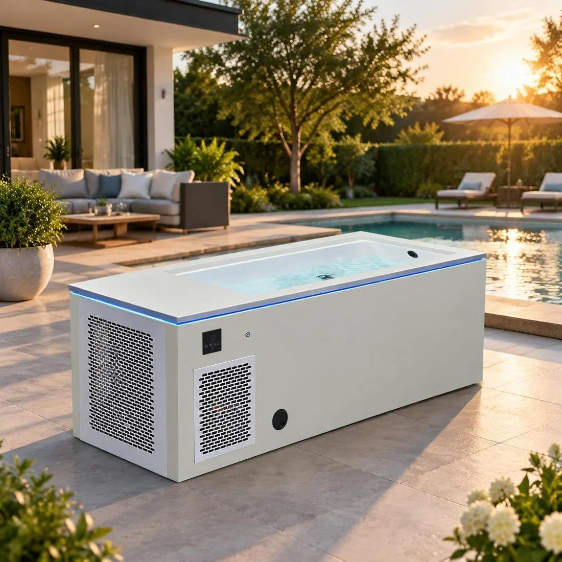 OF-CP01 Cold Plunge Installed on Outdoor Backyard Patio Outdoor lifestyle scene of the OF-CP01 cold plunge tub installed on a modern residential backyard patio
