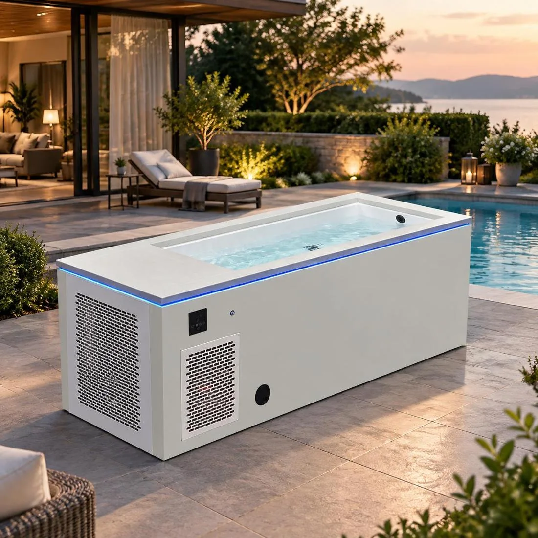 Backyard Patio Cold Plunge Installation Outdoor scene showing the OF-CP01 cold plunge tub installed on a modern residential backyard patio