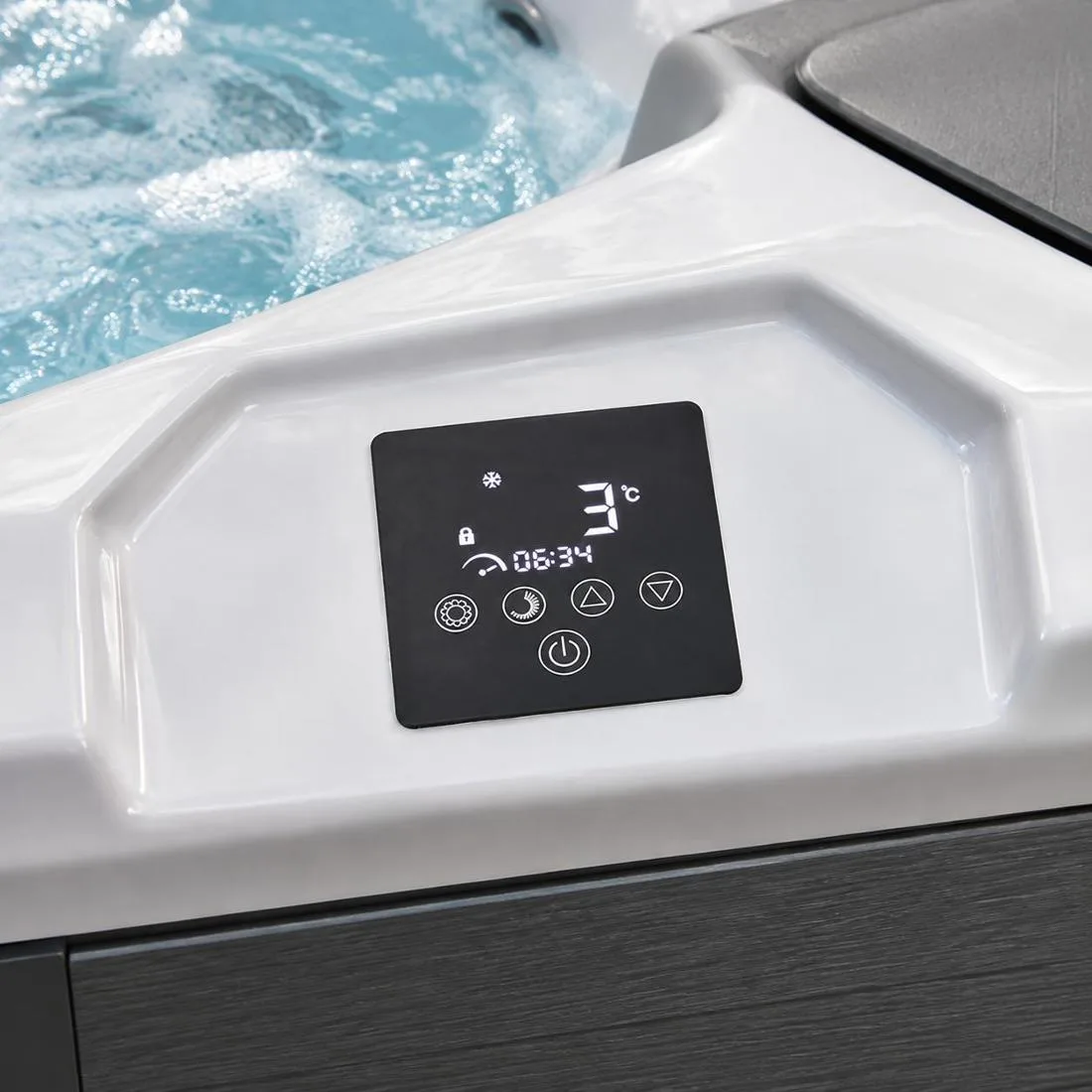 Digital Touchscreen Control Panel Close-up top-down view of the built-in digital touch control panel displaying 3 degrees Celsius and timer settings