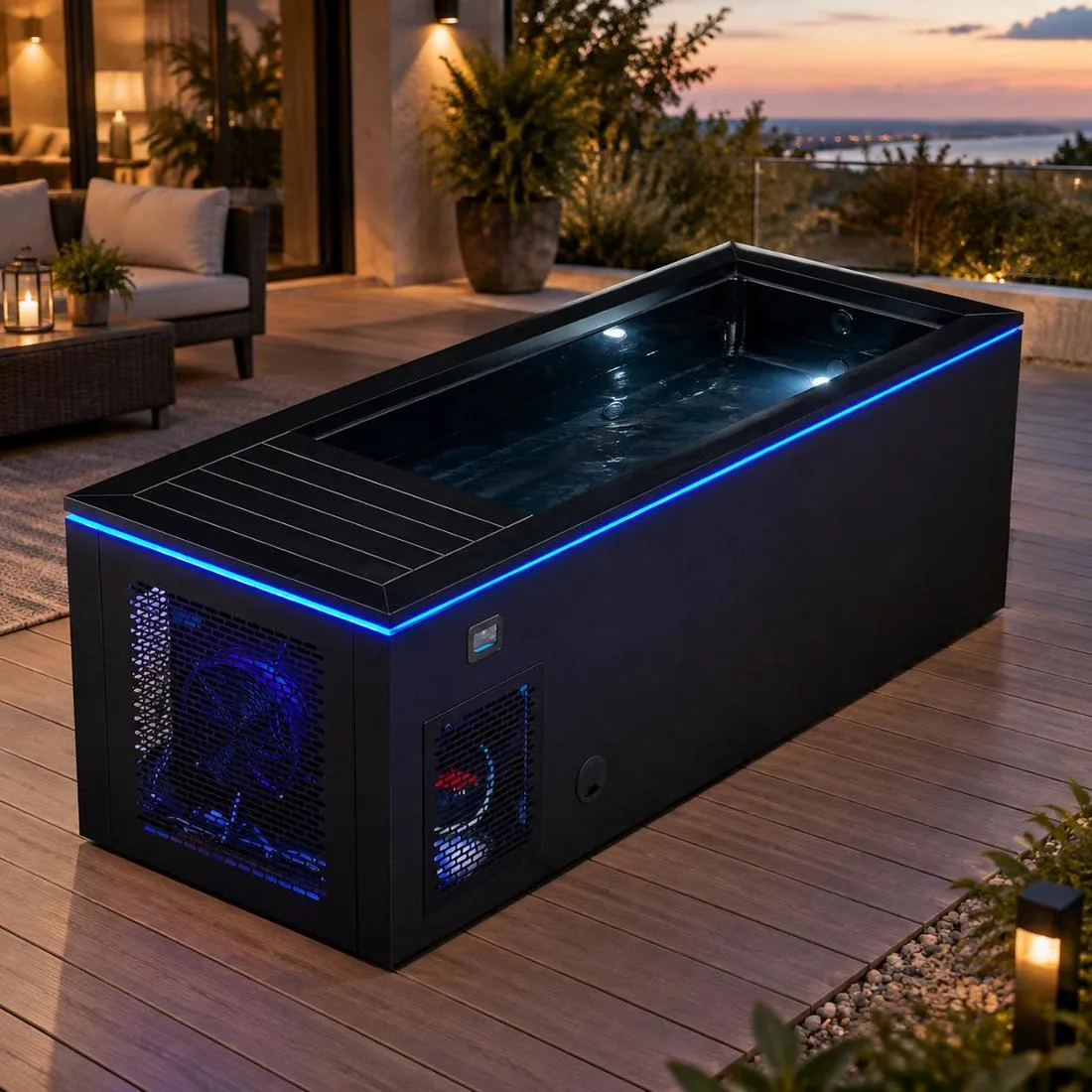 OF-CP01 Side Profile with LED Lighting High-angle side profile of the black OF-CP01 cold plunge tub with illuminated interior basin and blue LED rim lighting