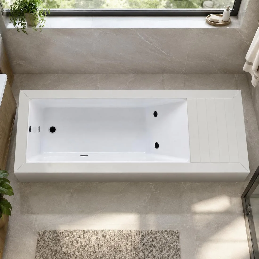 White Acrylic Basin and Access Deck Direct overhead plan view of the white OF-CP01 cold plunge tub showing the Chinese white acrylic basin and dual jets